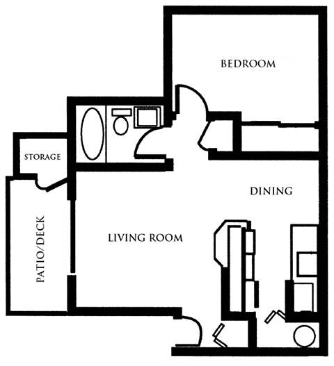 A floor plan of a living space with a bedroom, dining area, and living room.